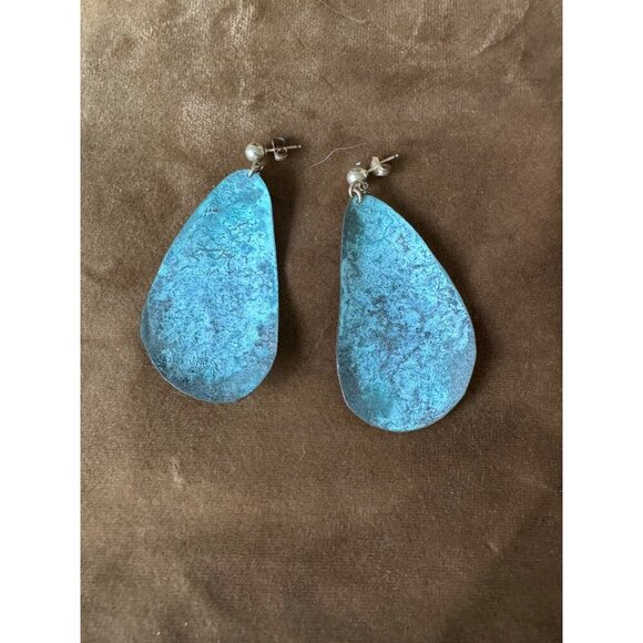 Handmade Wrist Cuff and Matching Earrings Blue and Brass - Picture 6 of 7